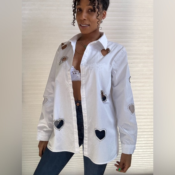 Lizette Collection Tops - Lizette Collection Crystal Heart Cutout Long Sleeve Blouse